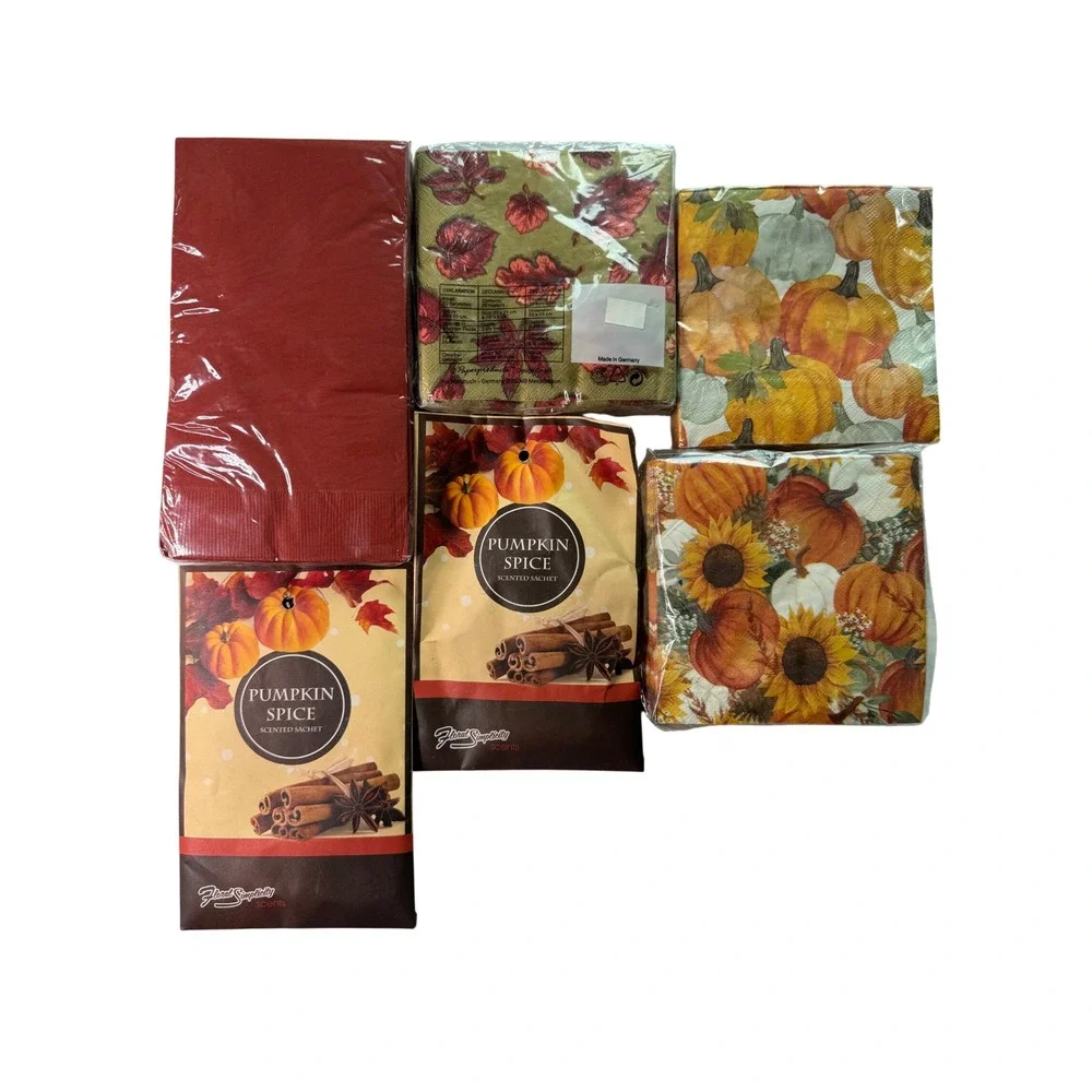 NEW Fall Thanksgiving Napkins‎ Lot Orange Pumpkin Leaf Sunflower Spice Sachets
